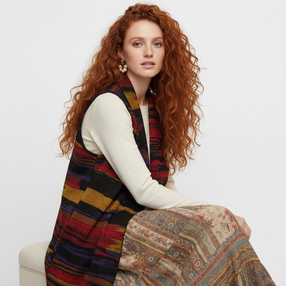 Parsley & Sage Southwestern Zip Back Open Front Long Line Vest Size L